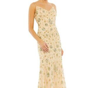 Mac Duggal Gold Sleeveless Floral Sequin Beaded Slip Dress